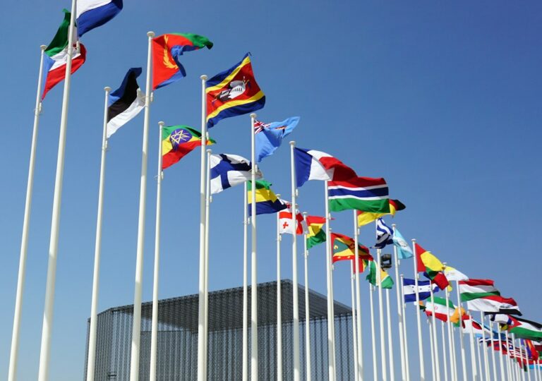 World flags displayed at an international venue, representing apostille services in San Jose