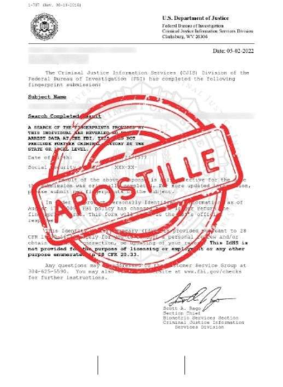 Fingerscan Digital FBI background check with apostille seal