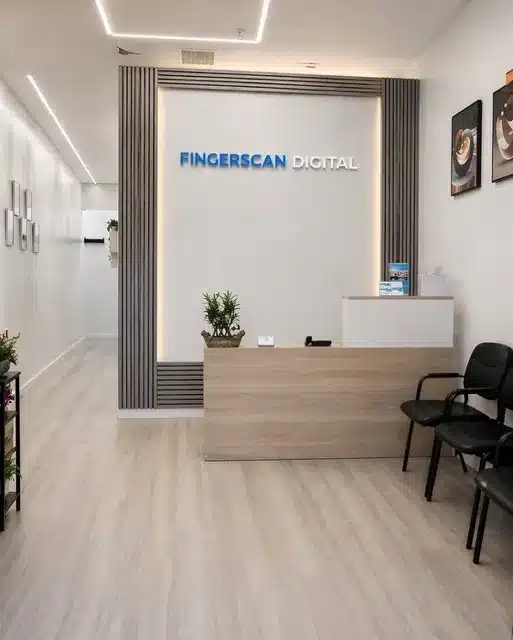 Fingerscan Digital office at 434 Blossom Hill Rd San Jose with Fingerscan Digital logo on the wall