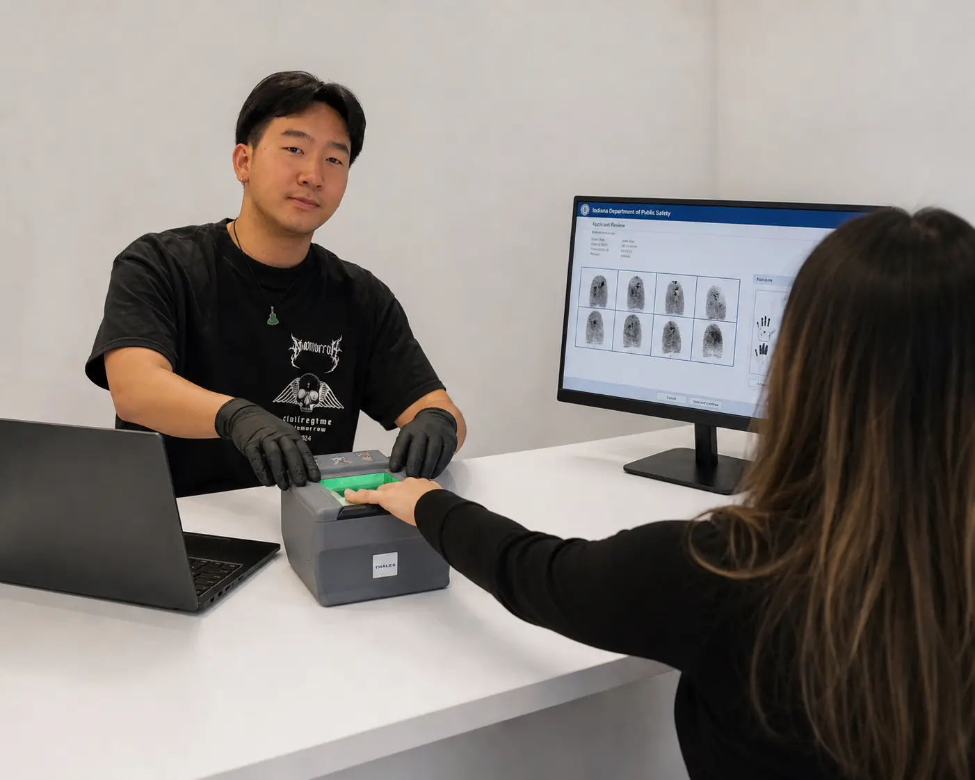 Technician performing walk-in Live Scan fingerprinting for a Korea E-2 visa FBI background check