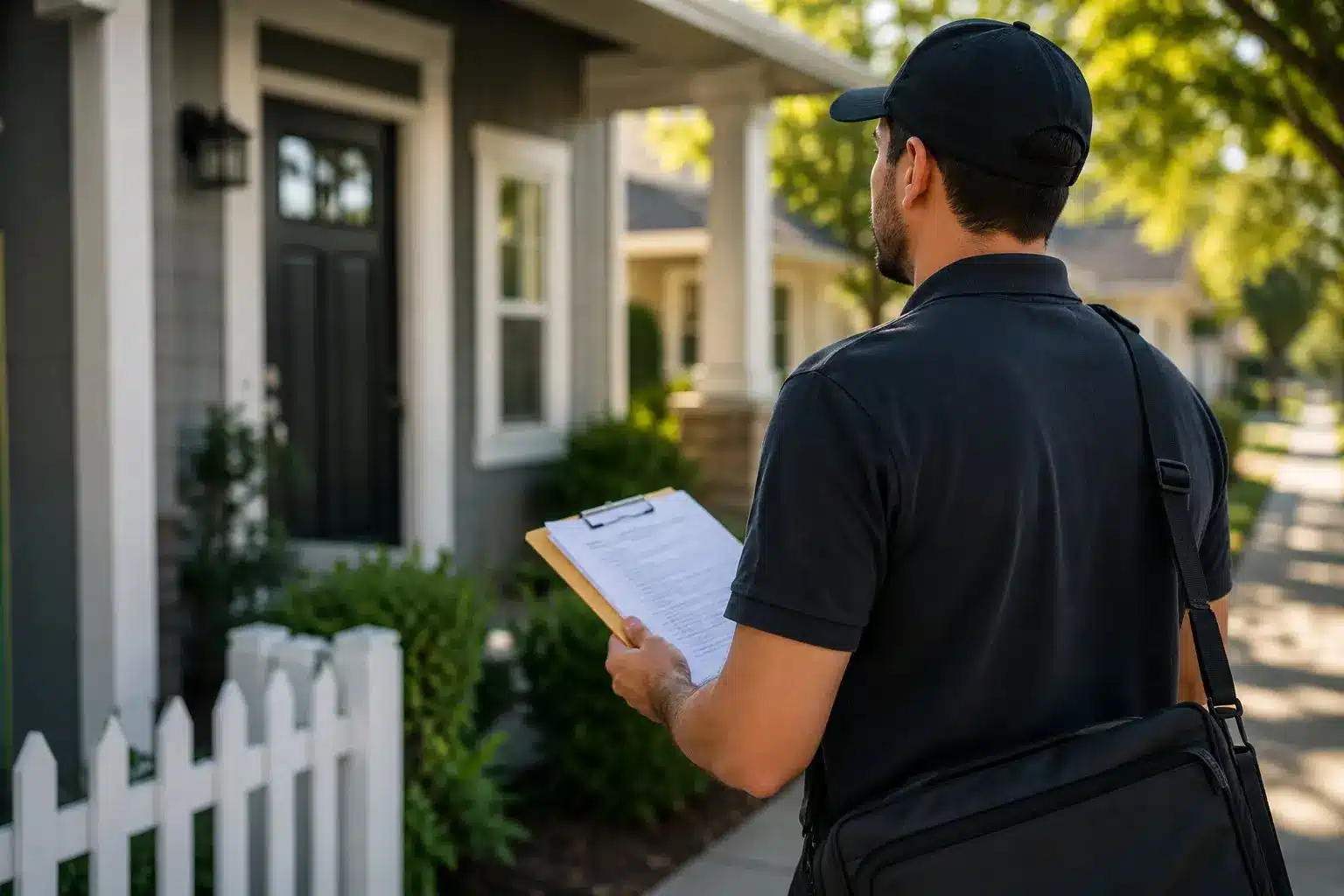 Bonded process server reviewing legal documents on a clipboard before a service attempt at a Silicon Valley residence