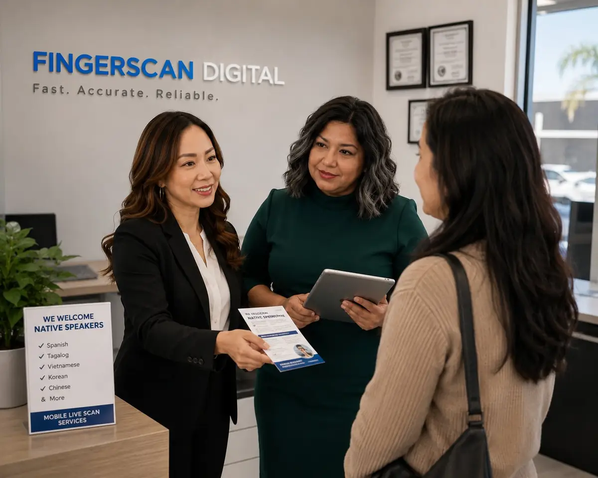 Trilingual staff greeting a customer at the San Jose apostille, notary, and translation office