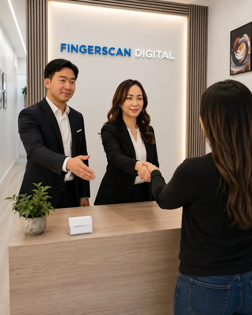Quinnie and Tony warmly greeting a customer at the Fingerscan Digital San Jose office, 434 Blossom Hill Rd