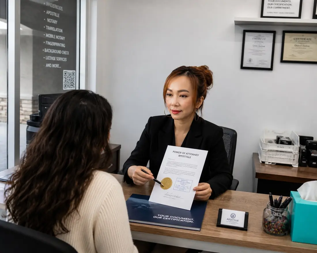 Notary public reviewing a power of attorney document with a client in San Jose