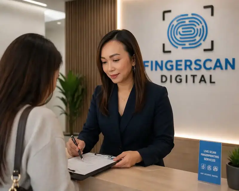 Quinnie Do, DOJ-certified Live Scan technician and IRS Certifying Acceptance Agent, performing fingerprinting at Fingerscan Digital San Jose