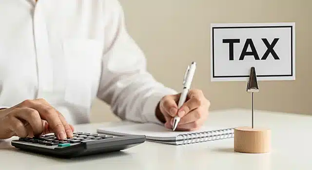 Tax preparer using a calculator beside a TAX sign while completing a federal return