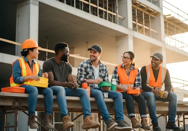 Construction crew on a break before onsite fingerprinting for site-access screening