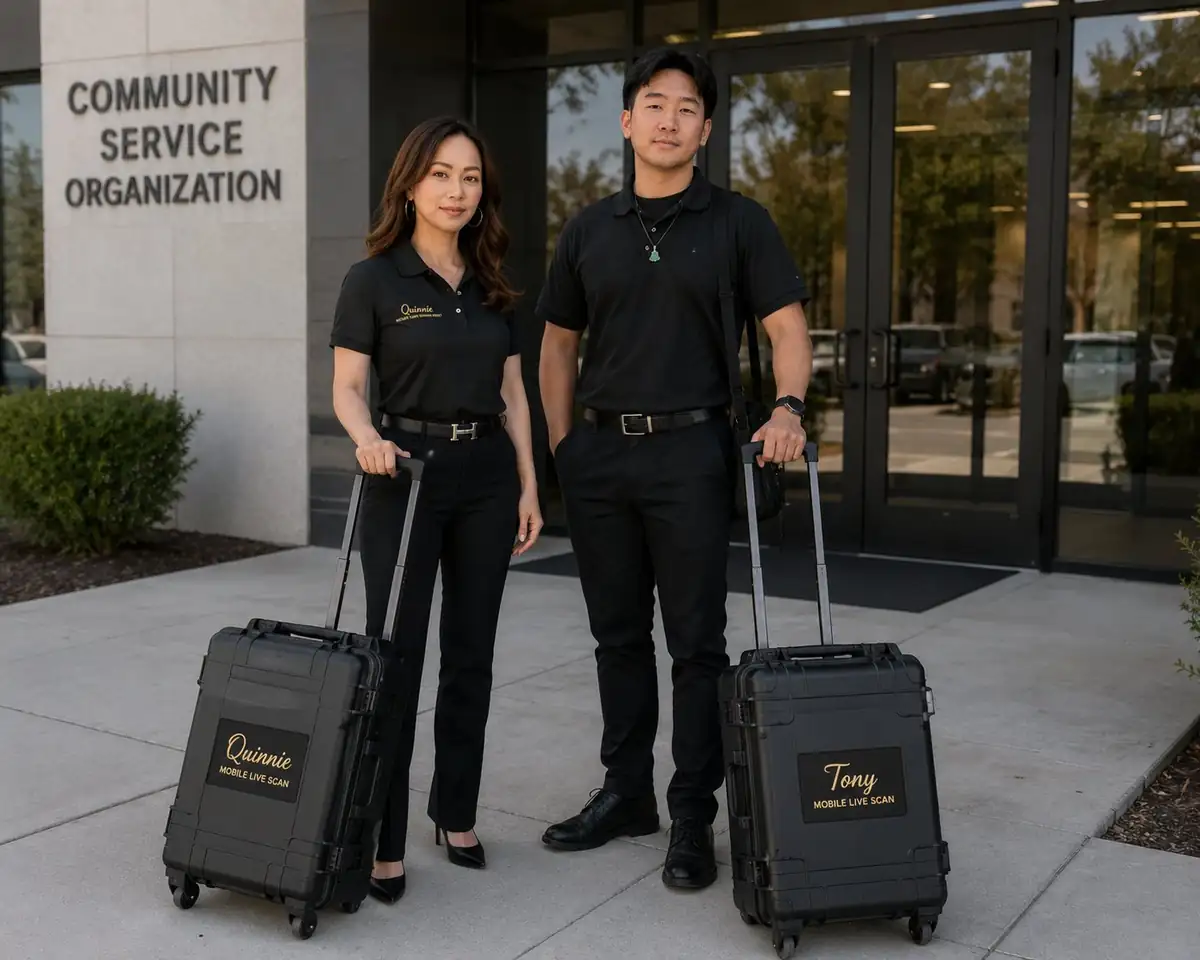 Quinnie and Tony of Fingerscan Digital with mobile Live Scan cases at a community service organization in San Jose
