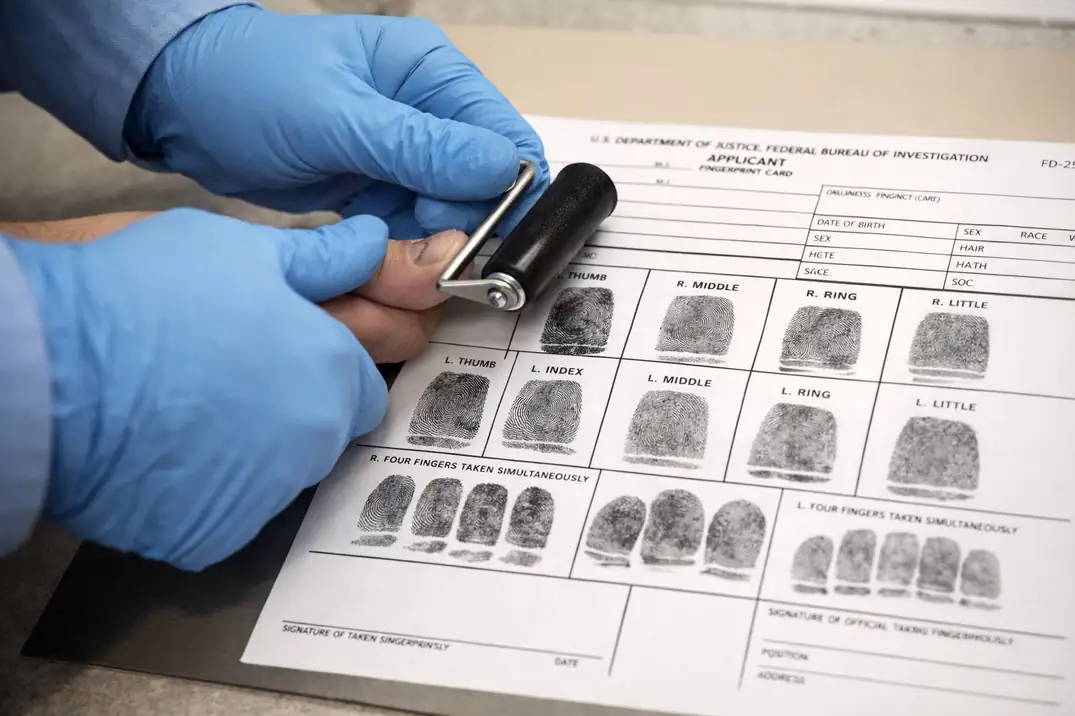 DOJ-certified technician hand-inking a clean FD-258 fingerprint card to avoid board rejection