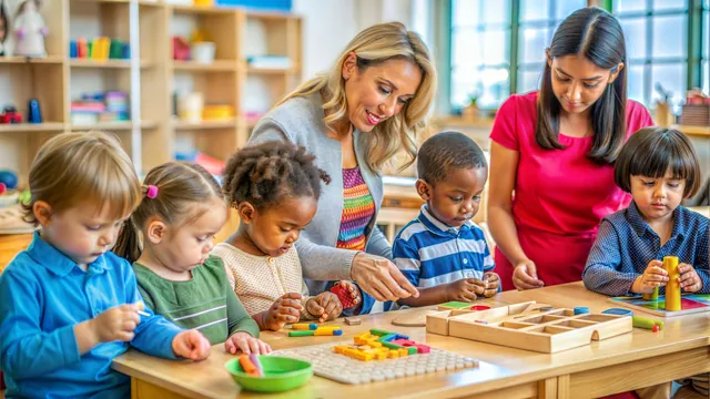 Childcare teachers playing with young children at a licensed California daycare center