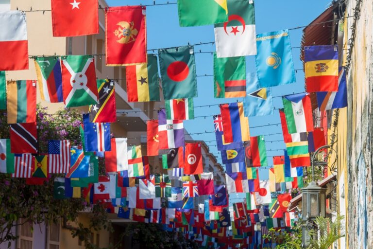 Wall of international flags, representing Colombian apostille requirements