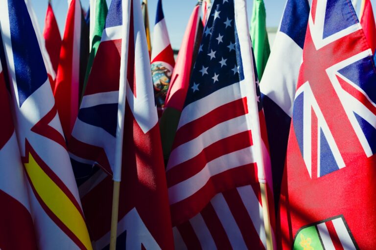 Colourful national flags on sticks, representing apostille destinations in Latin America